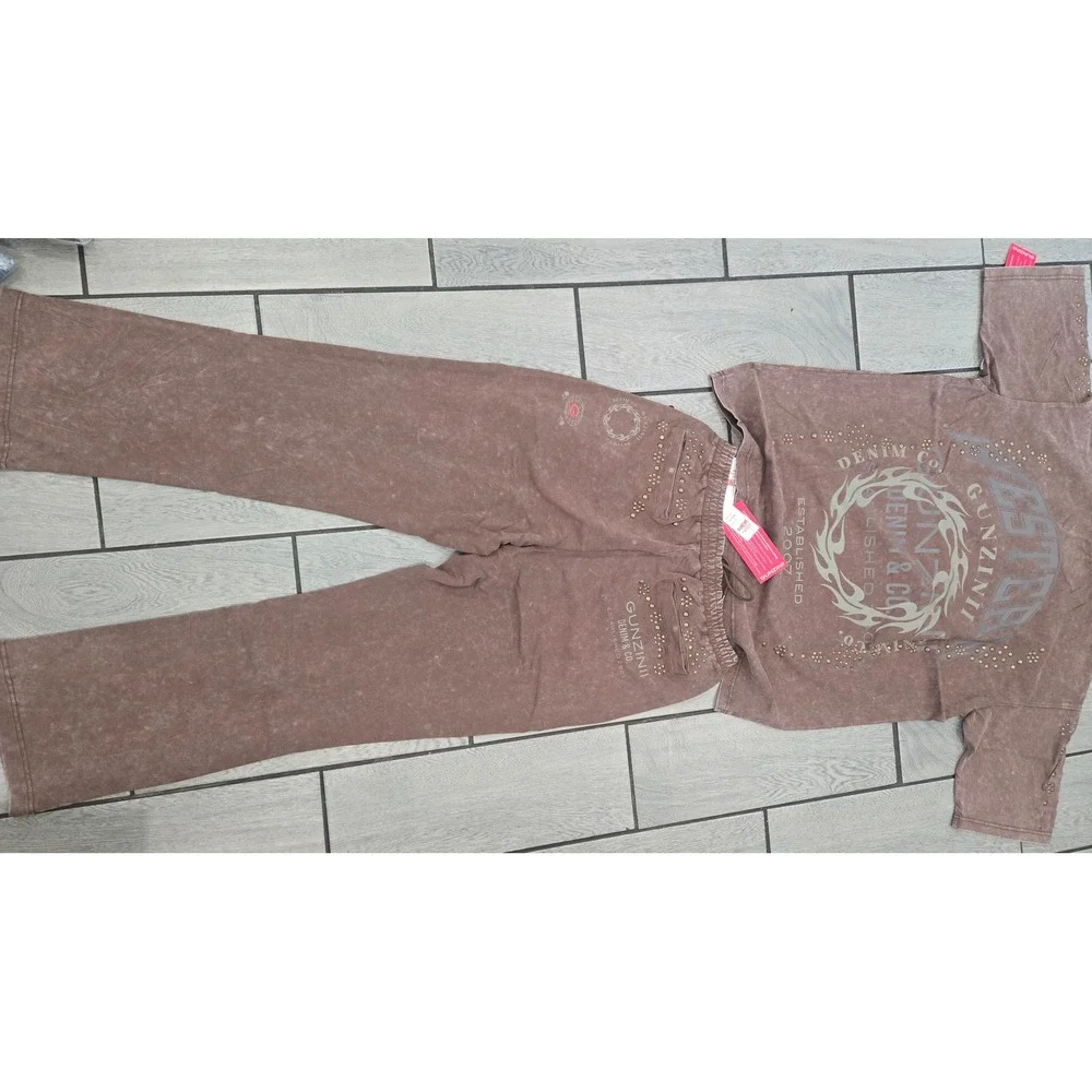 Gunzinii Denim & Co Mens 2XL Brown Mineral Wash Studded T-Shirt and Joggers Set